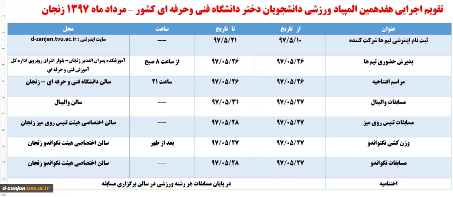 تقویم اجرایی المپیاد ورزشی دختران دانشگاه فنی و حرفه ای